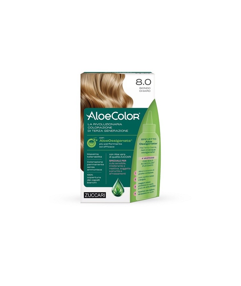 TINTURA PER CAPELLI ZUCCARI A BASE DI ALOEOSSIGENATA - ALOECOLOR COLORE 8,0 BIONDO CHIARO - Abelastore.it - Cosmetici e Bellezza